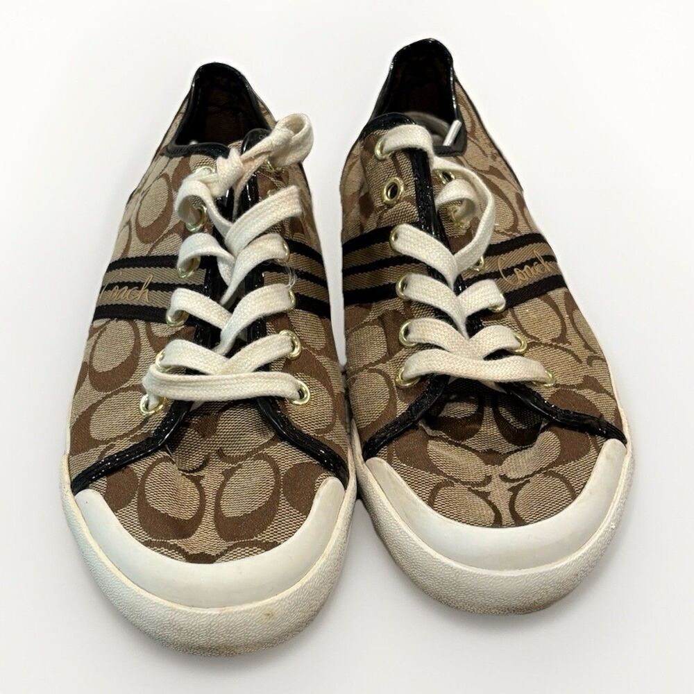 Coach Folly Brown And Tan Jacquard Logo Pattern Sneakers Women’s Size 8B 38.5 EU